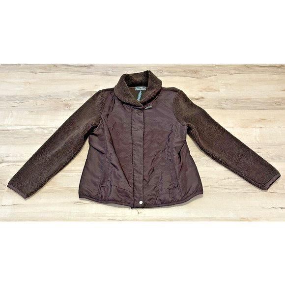 L-RL Ralph Lauren Women XL Jacket Active Full Zip Fleece Woven Shell Brown - Picture 1 of 10